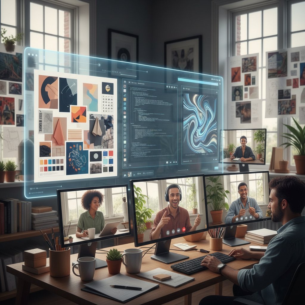 Nowoczesne narzędzie AI wspiera pracę kreatywną zespołu zdalnego, ekran komputera, notatki i moodboardy
