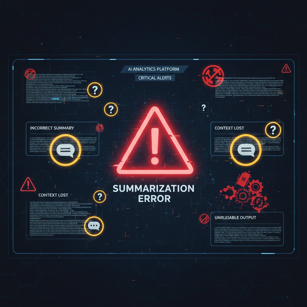 Photo metaphor of an AI tool with digital warning icons, representing the risks and errors in fast AI research summarization