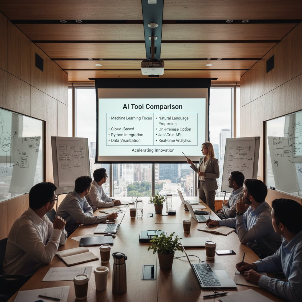 Przedstawienie wyników porównania narzędzi AI na ekranie w sali warsztatowej, interaktywna prezentacja