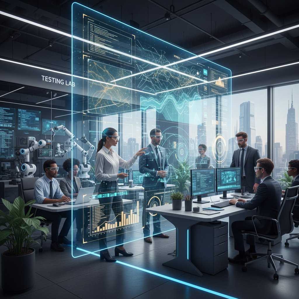 Nowoczesne biuro, eksperci testują nowe narzędzia AI, wyświetlacze z kodem i danymi