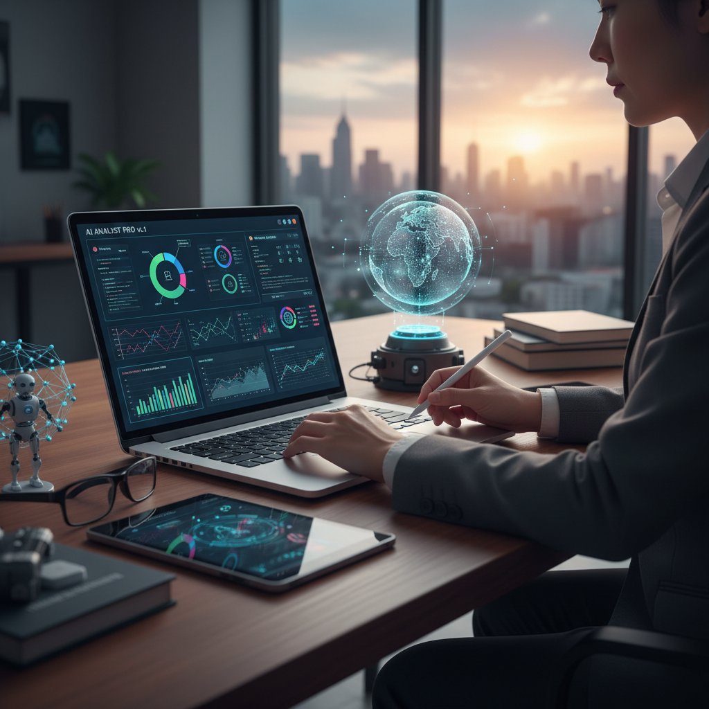 Nowoczesne narzędzia AI na laptopie, profesjonalista analizuje dane – symbol cyfrowej transformacji kariery
