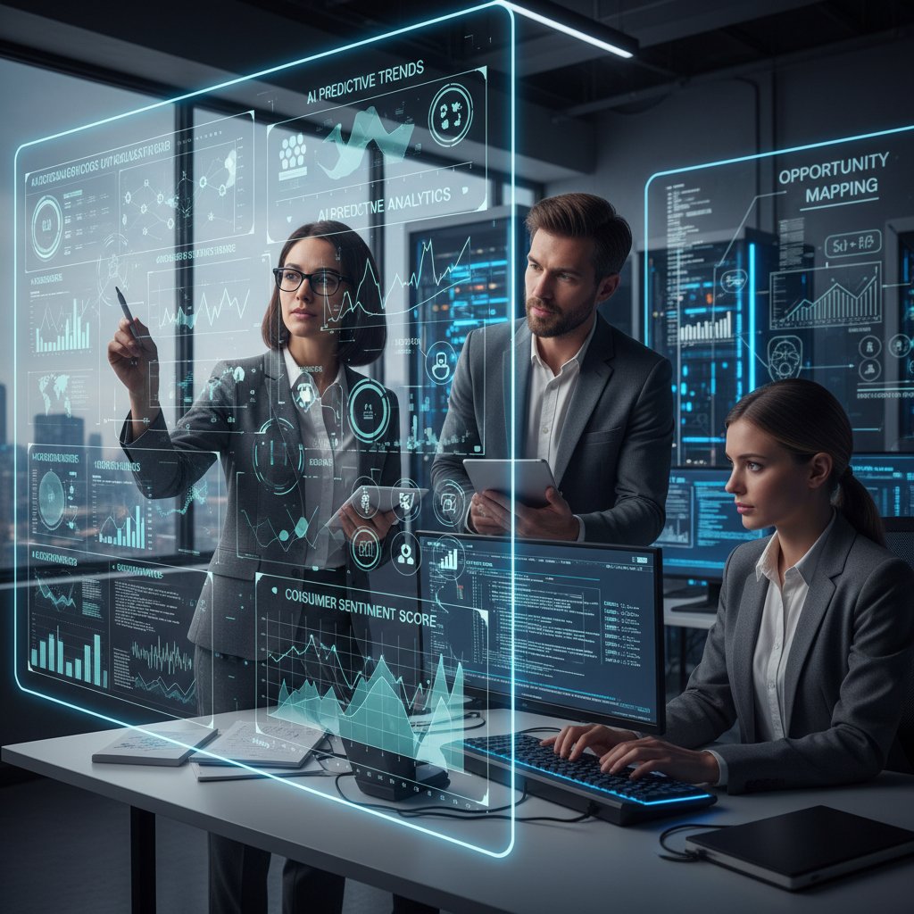 Specjalista korzysta z narzędzi AI do analizy rynku, dynamiczne dane na ekranie