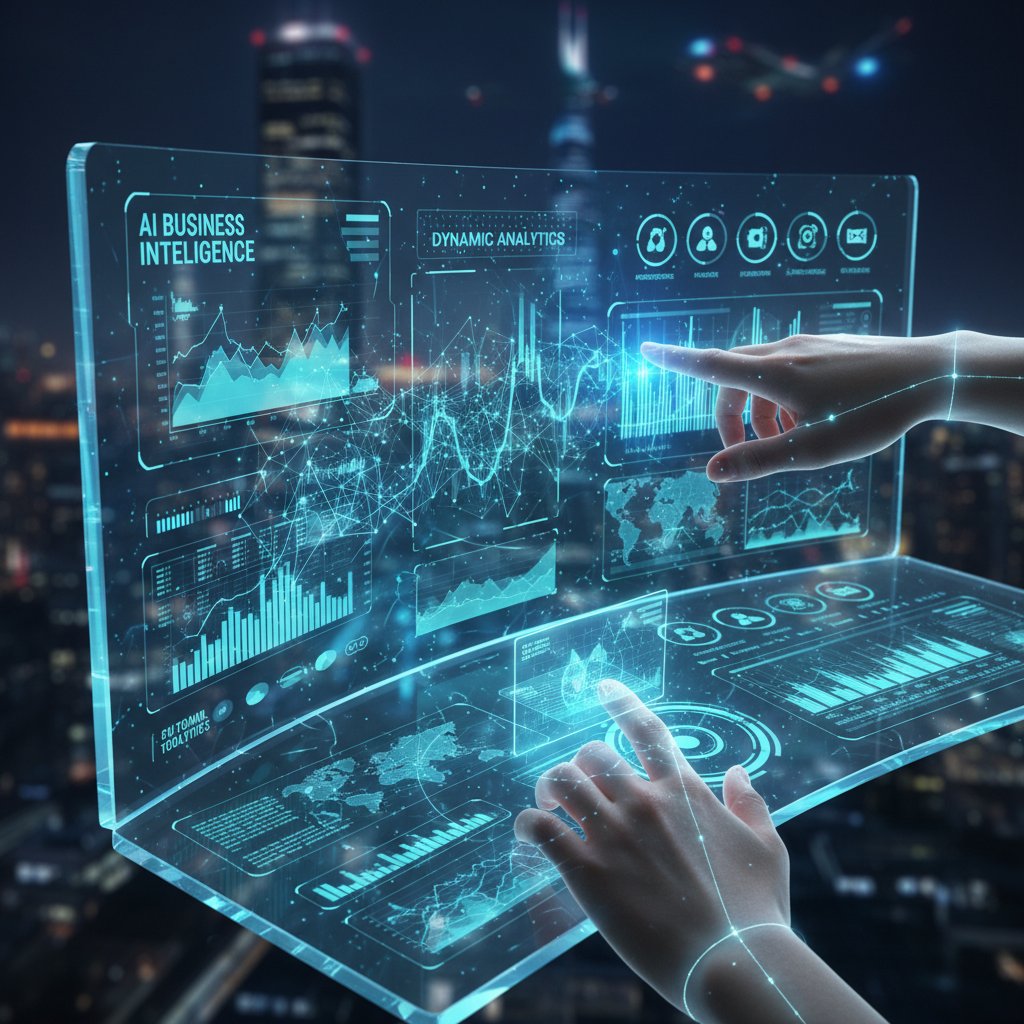 Close-up of hands using a futuristic data dashboard with AI-powered analytics in business setting