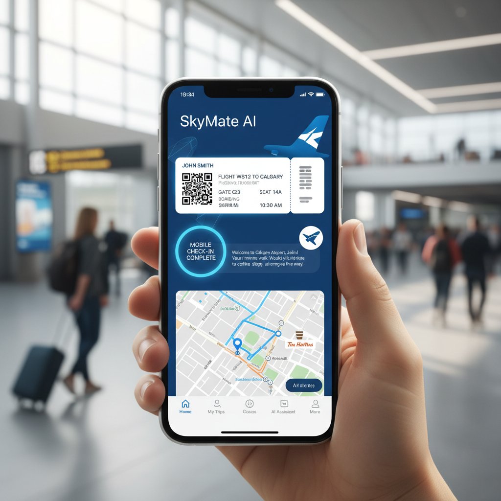 Traveler using a mobile device to check in via AI chatbot at an airport