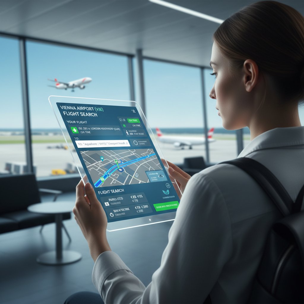 Travelers using smartphone AI travel apps at Vienna airport, digital maps and fare predictions visible