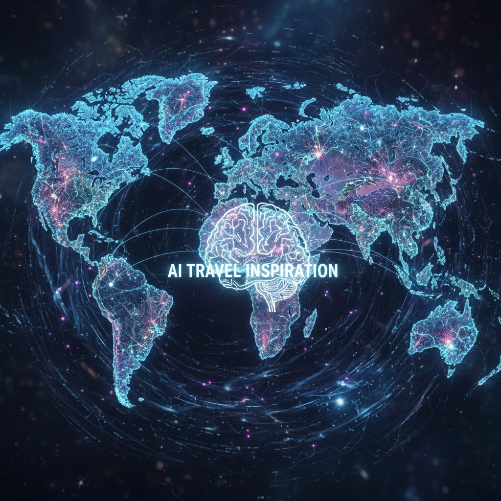 Artistic representation of AI-generated travel inspiration flows, with neural connections morphing into a world map