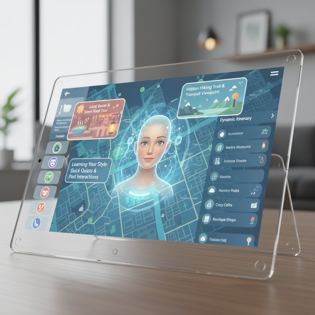 AI-generated digital map with personalized travel icons, traveler studying recommendations on tablet, keywords: AI travel planning, empathy, LLMs