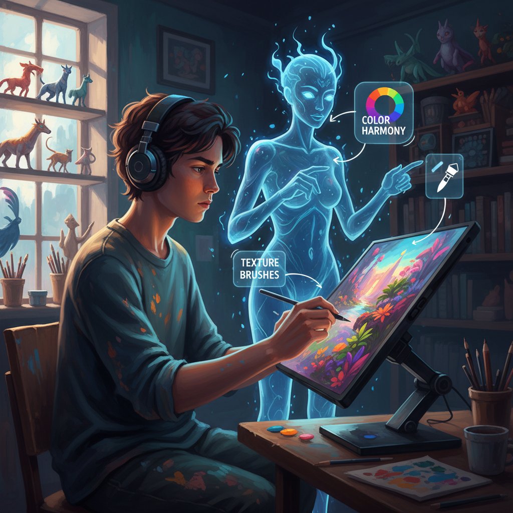 Osobisty korepetytor AI analizujący cyfrowy obraz artysty na ekranie tabletu