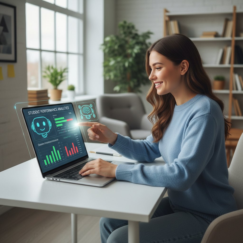 Nauczyciel AI analizujący wyniki ucznia na ekranie laptopa