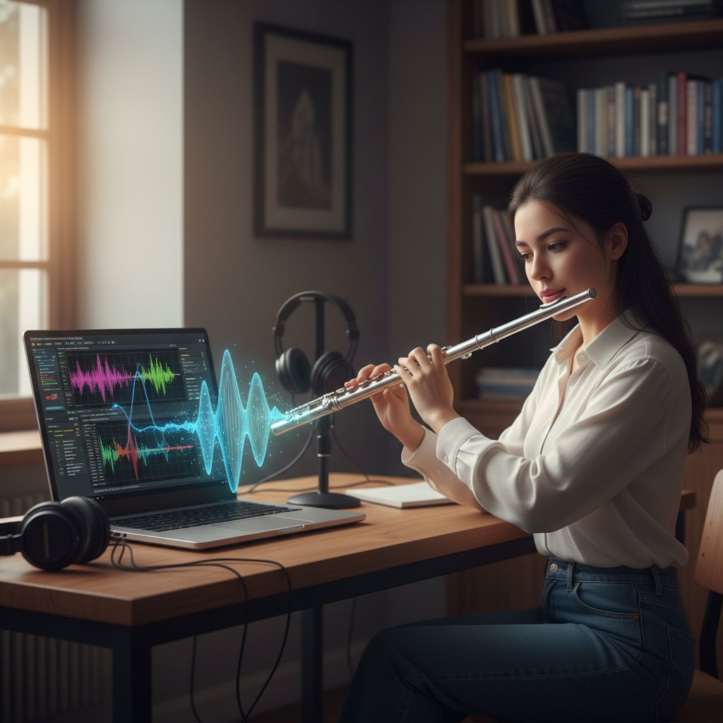 Laptop z interfejsem AI korepetytora, analiza gry na flecie, wykresy dźwięku, uczeń grający na flecie