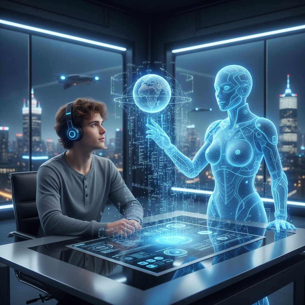Nauczyciel AI jako hologram przy biurku polskiego ucznia, intensywne strumienie danych w tle, atmosfera skupienia