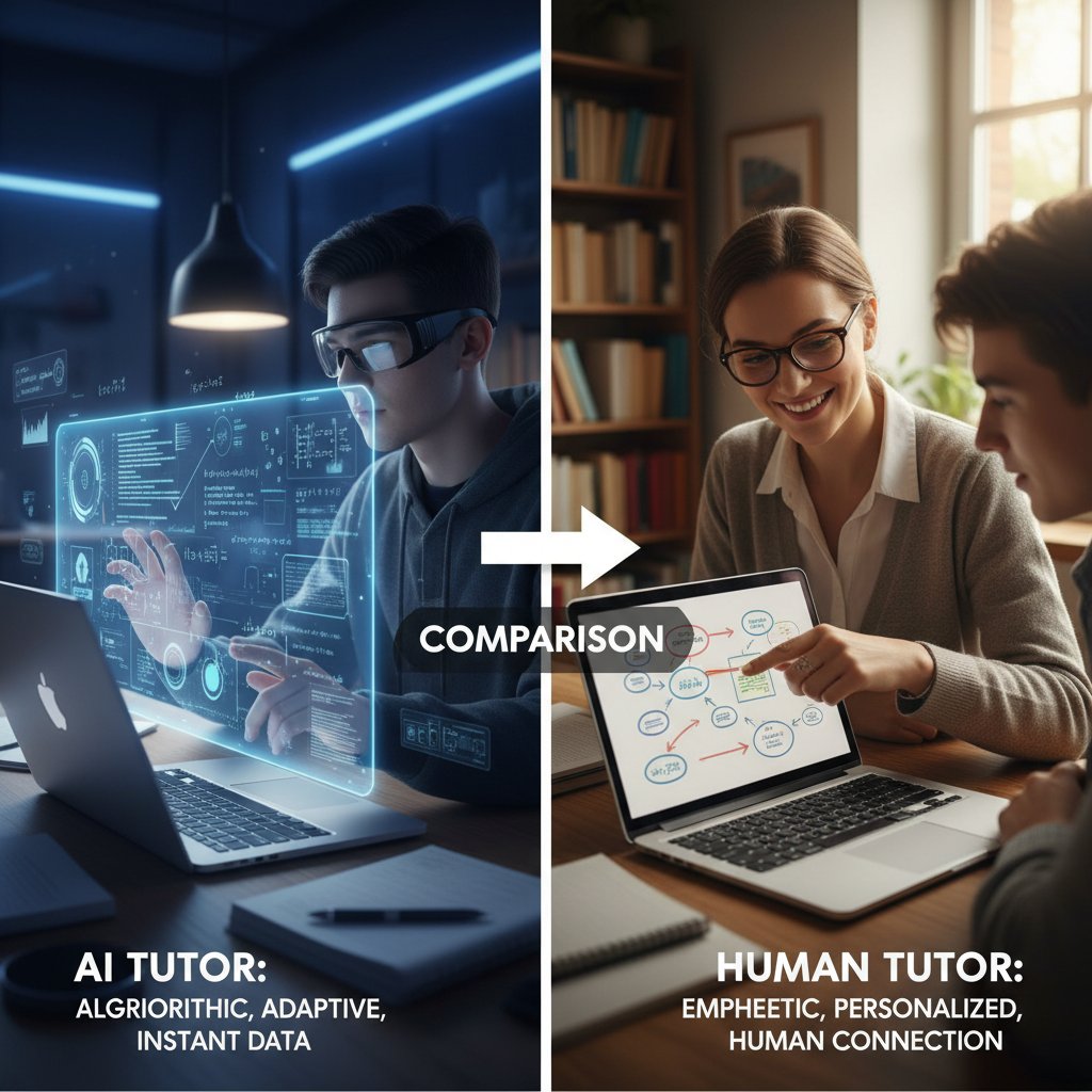 Nowoczesny interfejs AI korepetytora na ekranie laptopa, obok nauczyciel prowadzący tradycyjną lekcję – porównanie technologii i człowieka w korepetycjach online