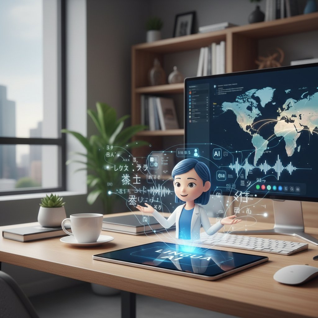 Uczeń korzystający z AI do nauki francuskiego, ekran z aplikacją AI, nowoczesne biurko