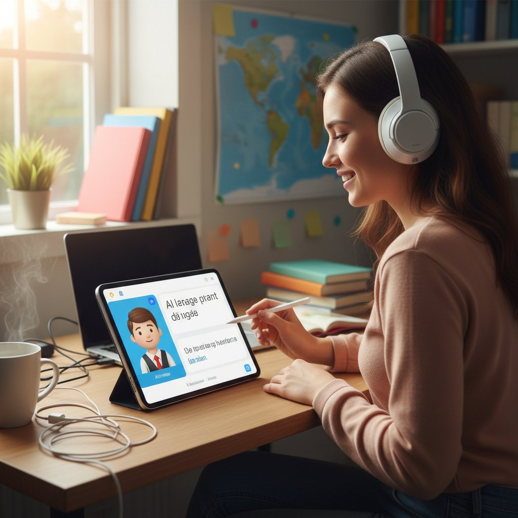 Nowoczesny korepetytor AI wspierający naukę języka obcego przez laptopa, młoda osoba w słuchawkach