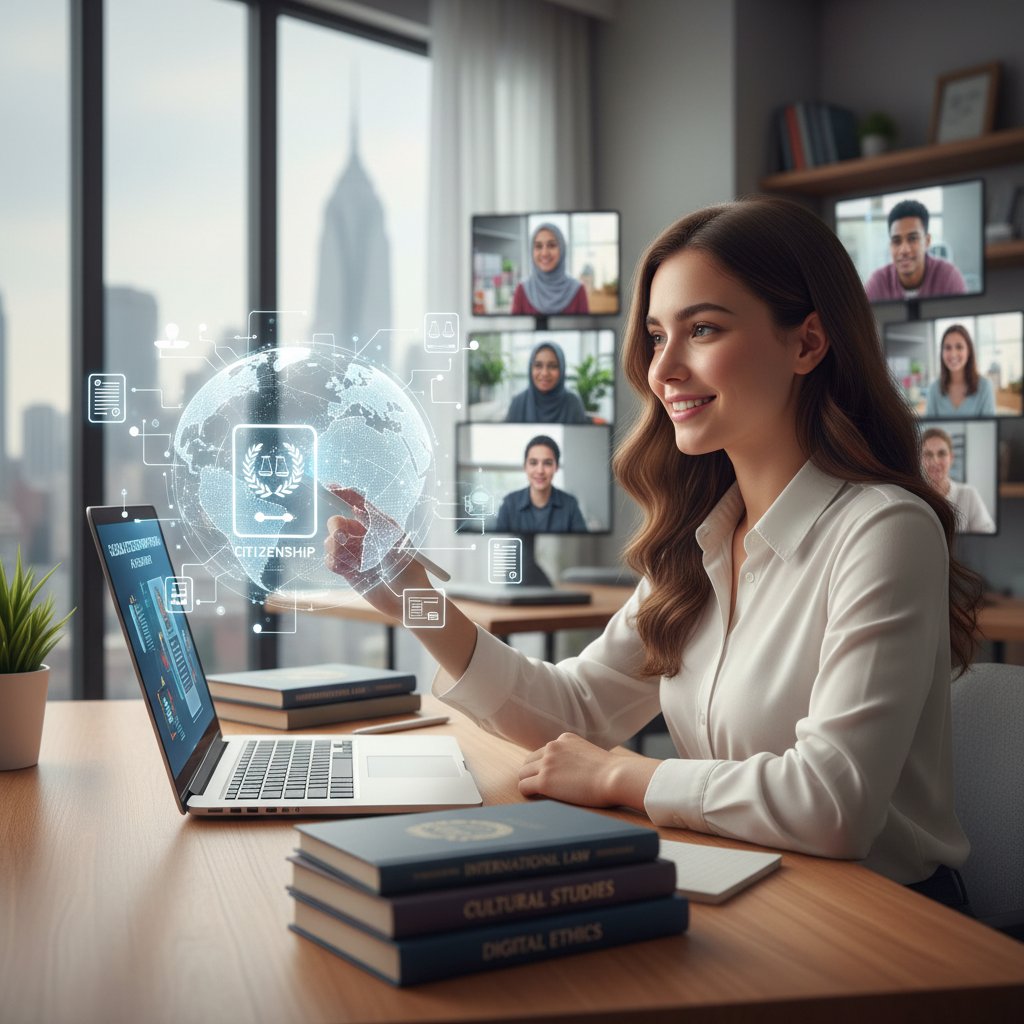 Osoba korzystająca z laptopa i aplikacji AI w nowoczesnym mieszkaniu, kontekst: korepetycje obywatelstwo online