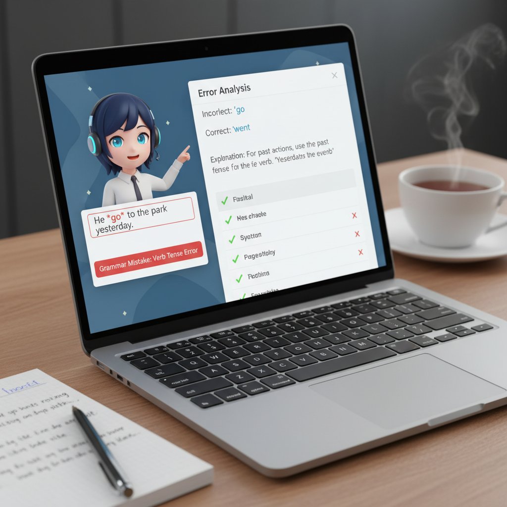 Nowoczesny interfejs AI edukacyjnego na laptopie, wyświetlający analizę błędów ucznia podczas nauki angielskiego