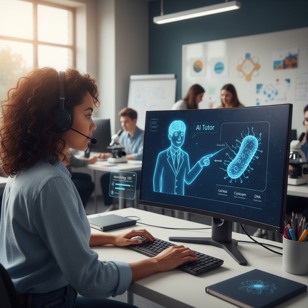 Nauczyciel AI prowadzący spersonalizowaną lekcję dla ucznia mikrobiologii na komputerze