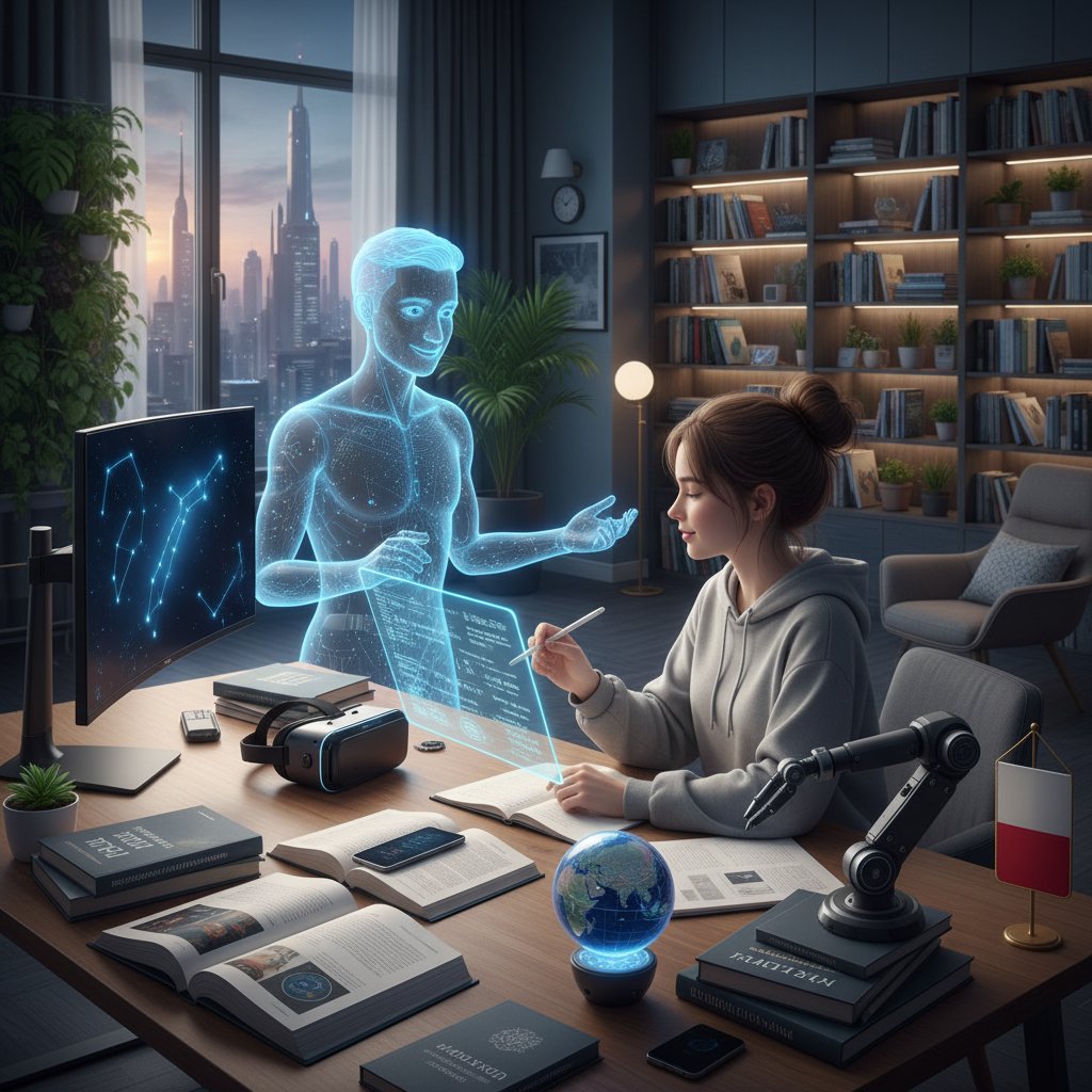 Nauczyciel AI wyświetlany na monitorze, polski uczeń notujący przy biurku, otoczenie pełne książek i nowoczesnych gadżetów edukacyjnych