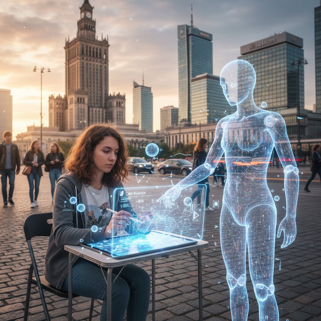 AI tutor pomagający polskiemu uczniowi podczas nauki fizyki kwantowej online, ekran komputera, nowoczesne miasto