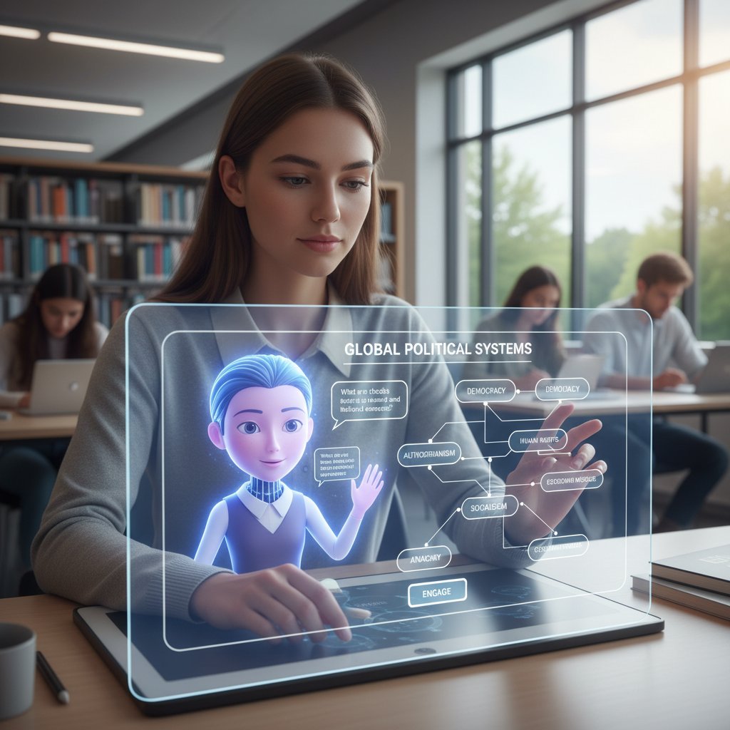 Nauczyciel AI tłumaczący zagadnienia polityczne, student przy komputerze, interaktywna sesja edukacyjna