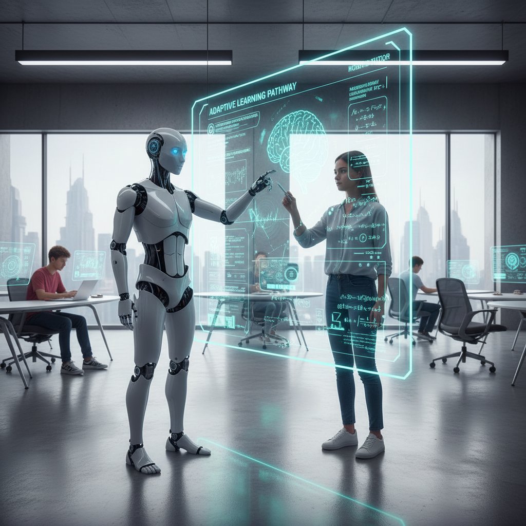 Menschlicher Avatar und KI-Tutor diskutieren vor einem digitalen Whiteboard – Symbol für adaptives Lernen und KI-Einsatz in der Bildung