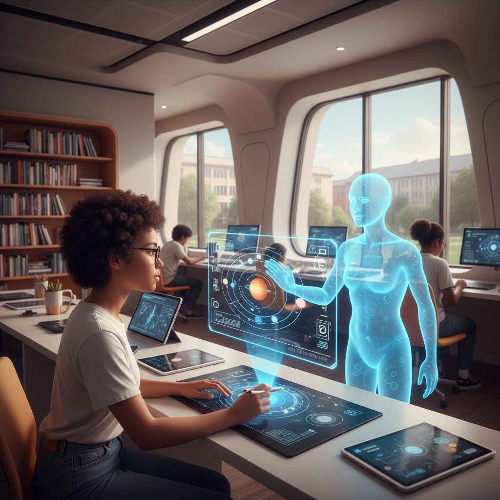 Interaktywne zajęcia z AI, uczeń pracujący z wirtualnym nauczycielem na ekranie