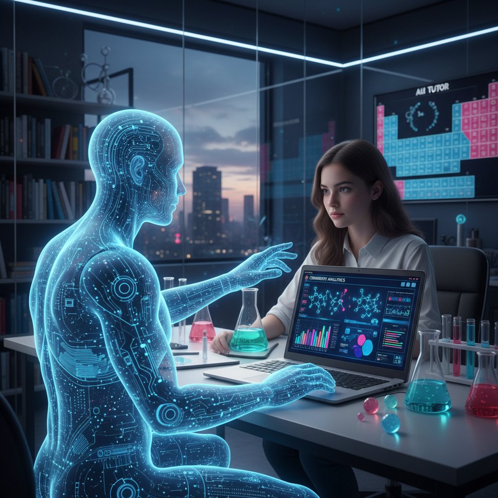 Korepetytor AI analizujący wyniki ucznia, ekran laptopa z wykresami i zadaniami, nowoczesne wnętrze