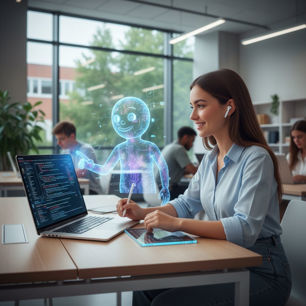 Nauczyciel AI na ekranie laptopa, uczeń piszący rozprawkę, cyfrowe elementy kodu, atmosfera nowoczesnej edukacji