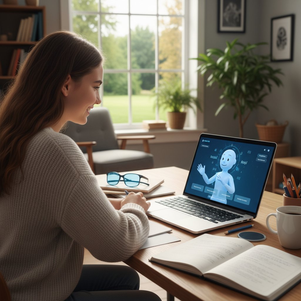 Nauczyciel AI na ekranie laptopa i uczeń pracujący przy biurku