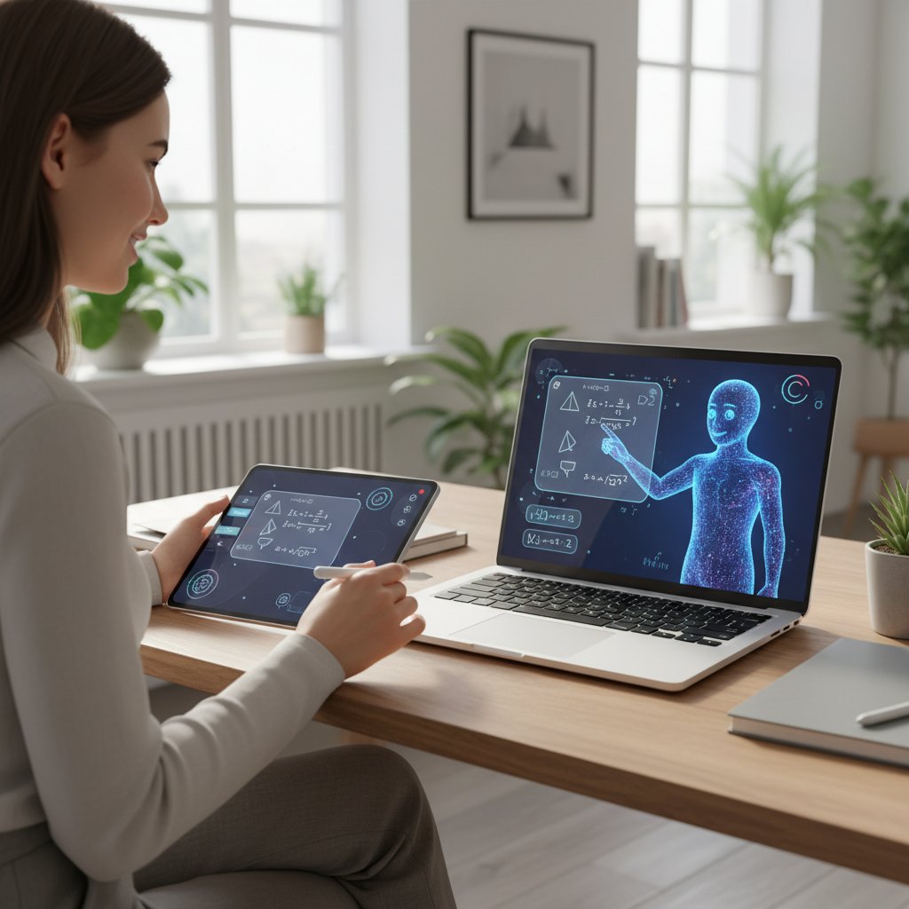 Interaktywny interfejs AI wspomagający naukę matematyki online, nowoczesny laptop, uczeń