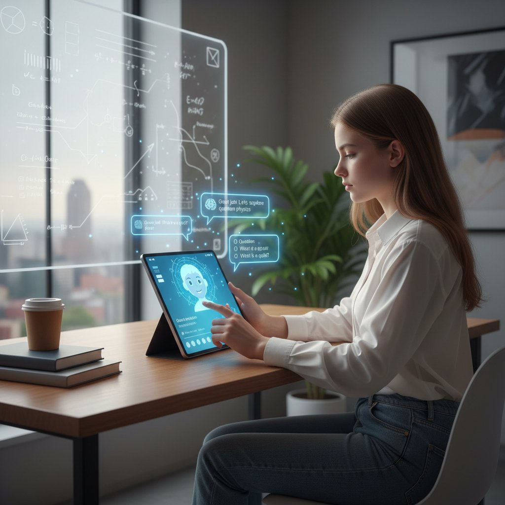 Korepetytor AI pomagający studentowi online, tablet, notatki, nowoczesna edukacja