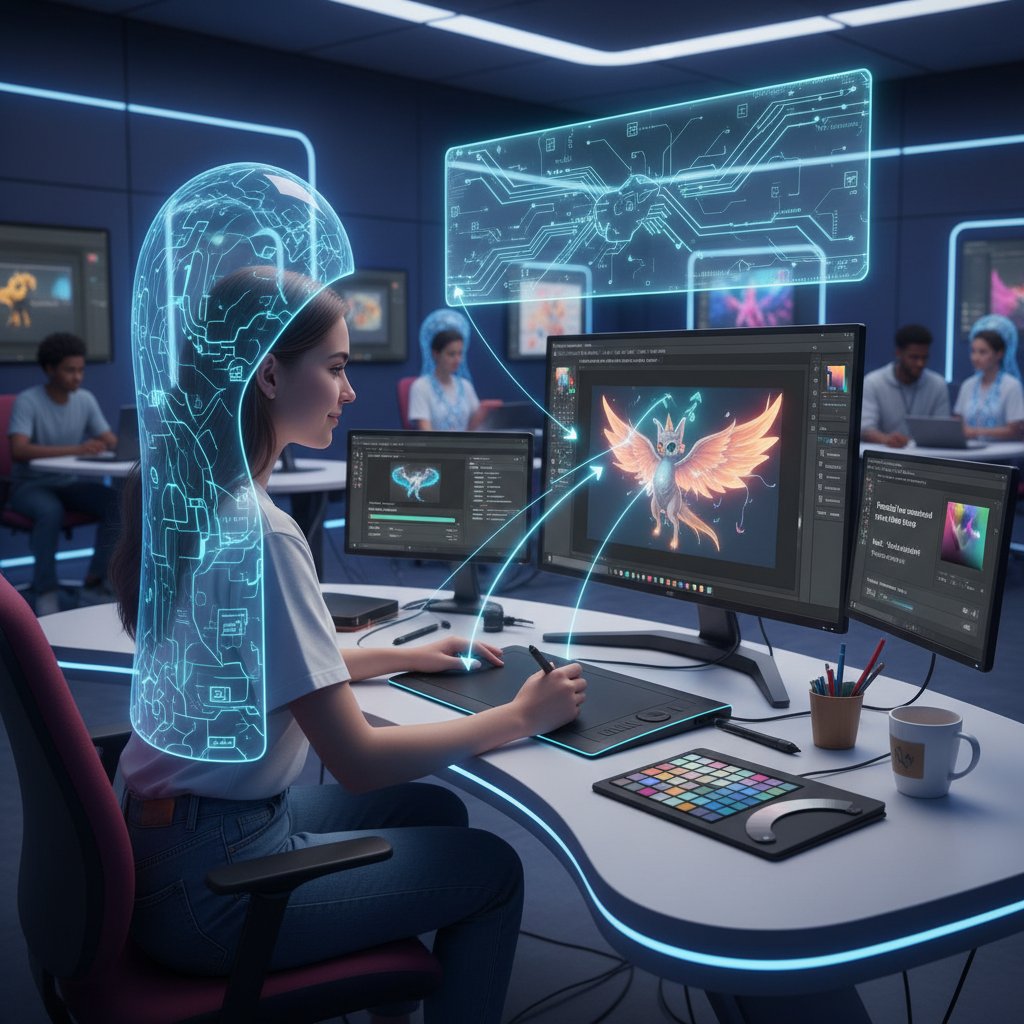 Nowoczesna ilustracja interakcji ucznia z AI – laptop, hologram, dynamiczna nauka