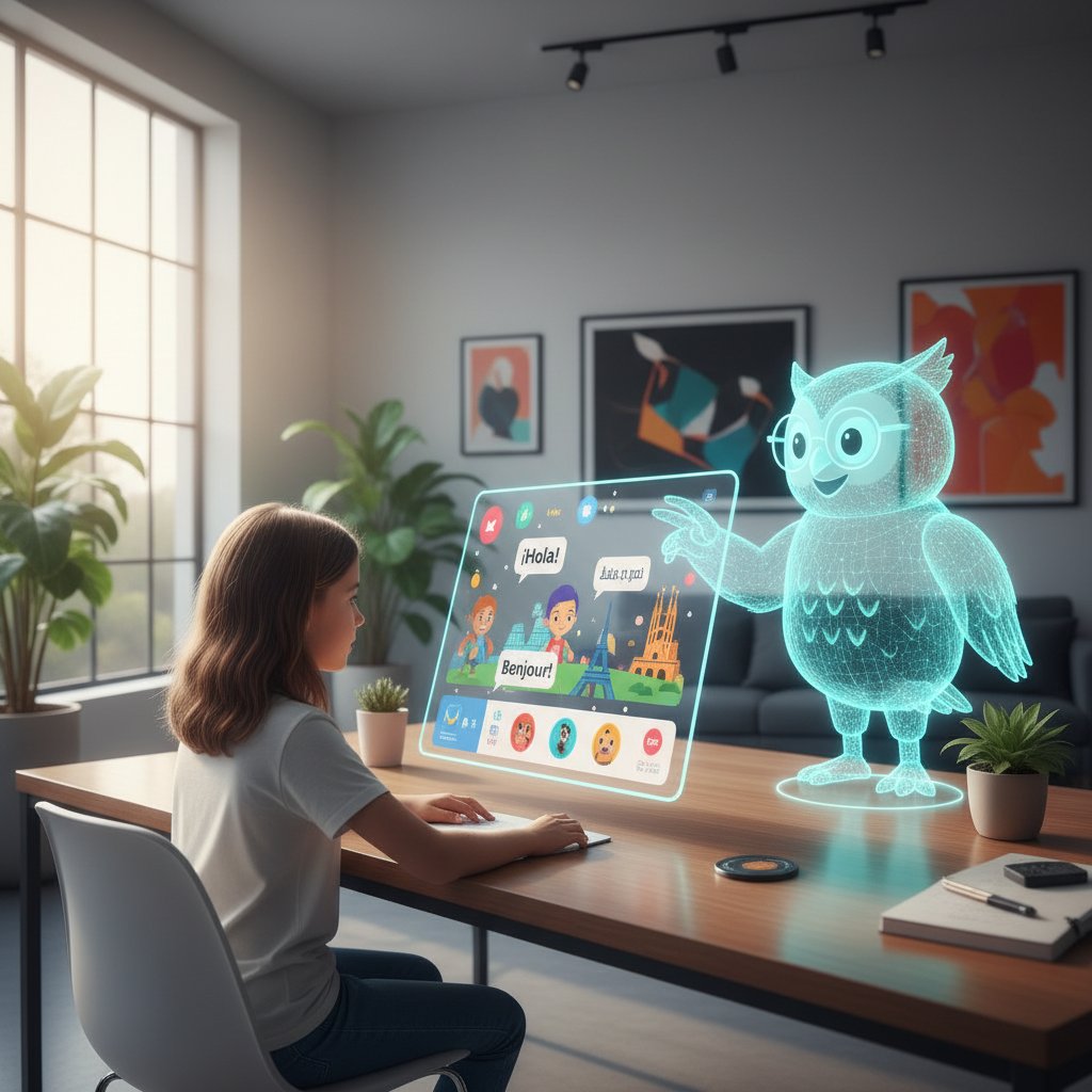 Lektor AI pracujący z uczniem na tablecie, nowoczesna nauka języka online