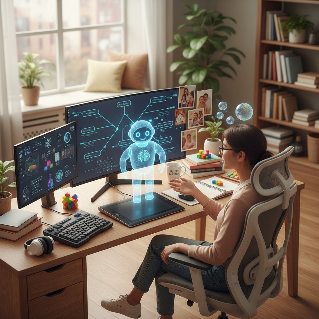 Nauczyciel AI wyświetlający personalizowane sugestie nauki uczniowi przy biurku – symbol wsparcia przez korepetytora AI