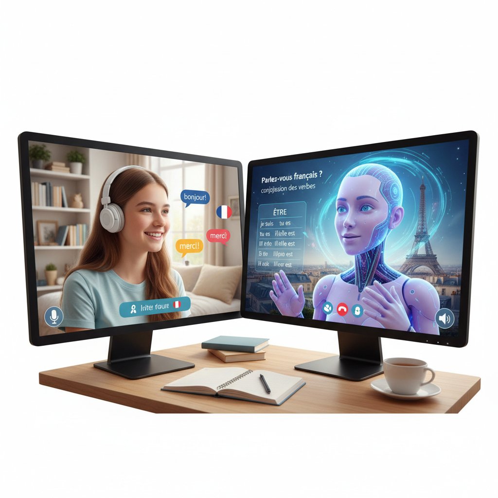 Osobisty korepetytor AI pokazany jako wirtualny asystent obok ucznia podczas lekcji francuskiego online