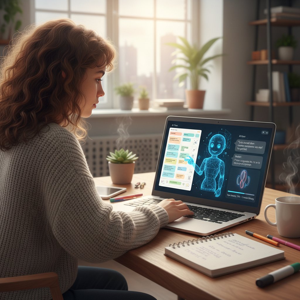 Nowoczesny interfejs osobistego korepetytora AI na ekranie laptopa, wokół notatki ucznia