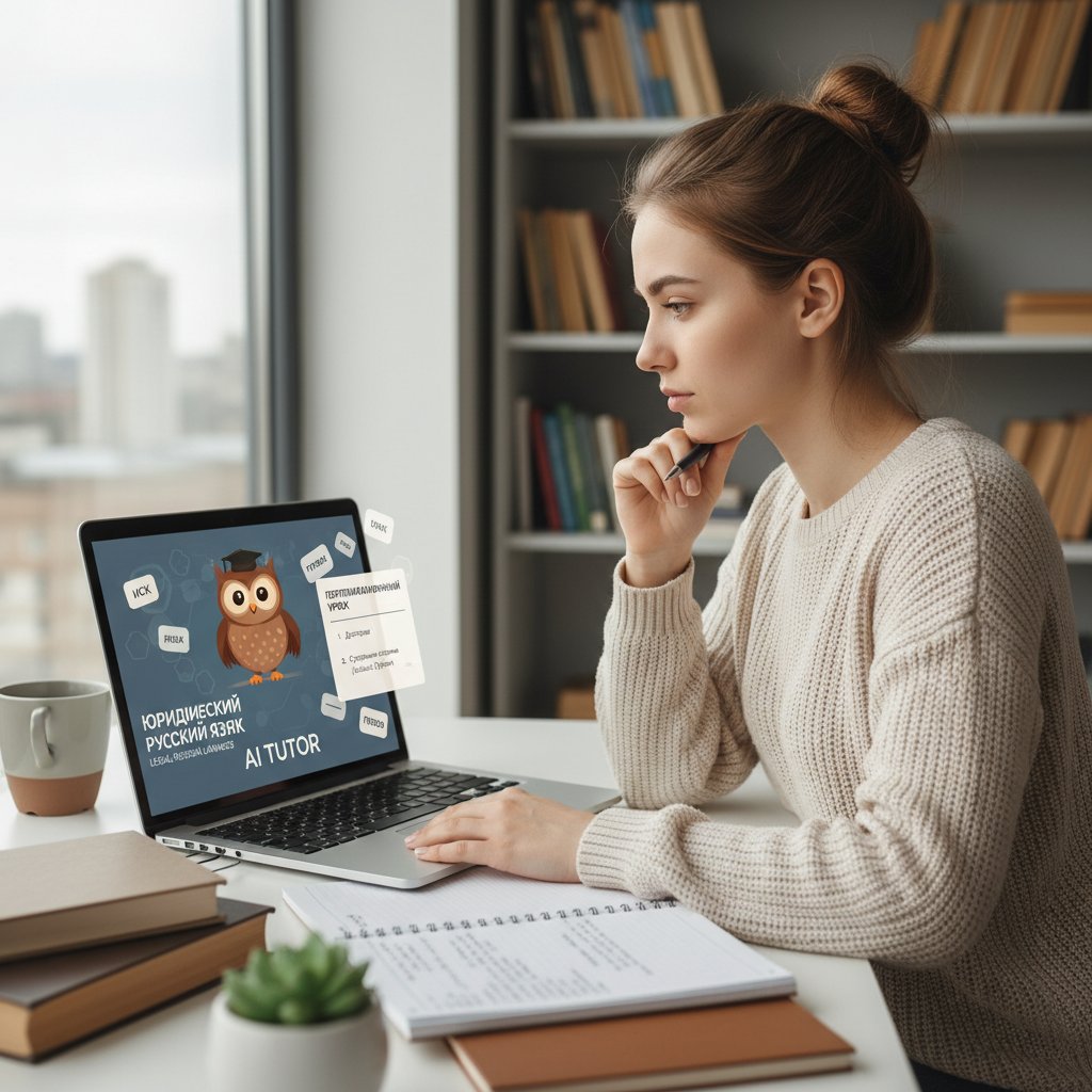 Użytkownik korzysta z korepetytora AI podczas nauki rosyjskiego prawniczego, ekran laptopa