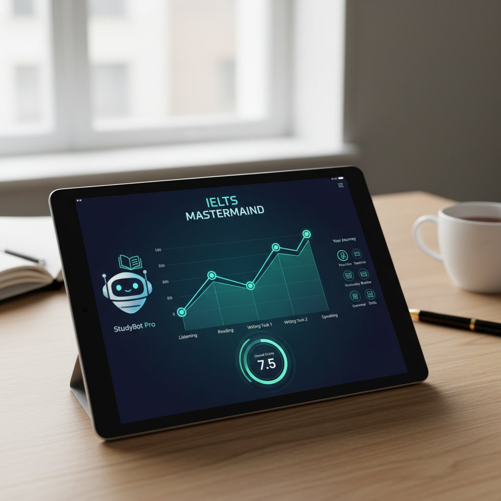 Ekran aplikacji korepetytor.ai z progresją nauki IELTS, kolorowe wykresy, ułatwienia AI