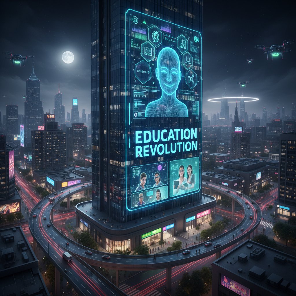 Nowoczesny interfejs korepetytora AI na tle miejskiej nocy, symbolizujący rewolucję w nauce