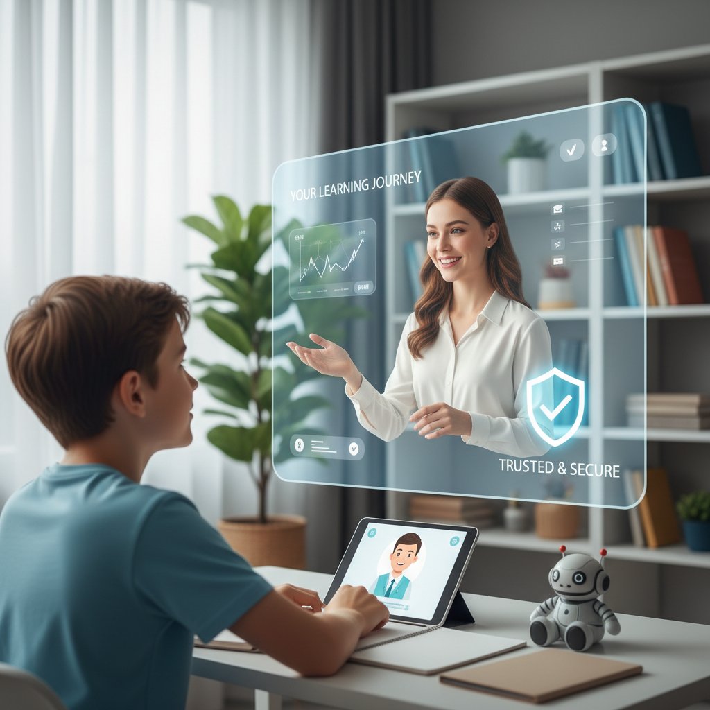 Nowoczesna platforma AI, nauczyciel i uczeń w interakcji, atmosfera zaufania i bezpieczeństwa