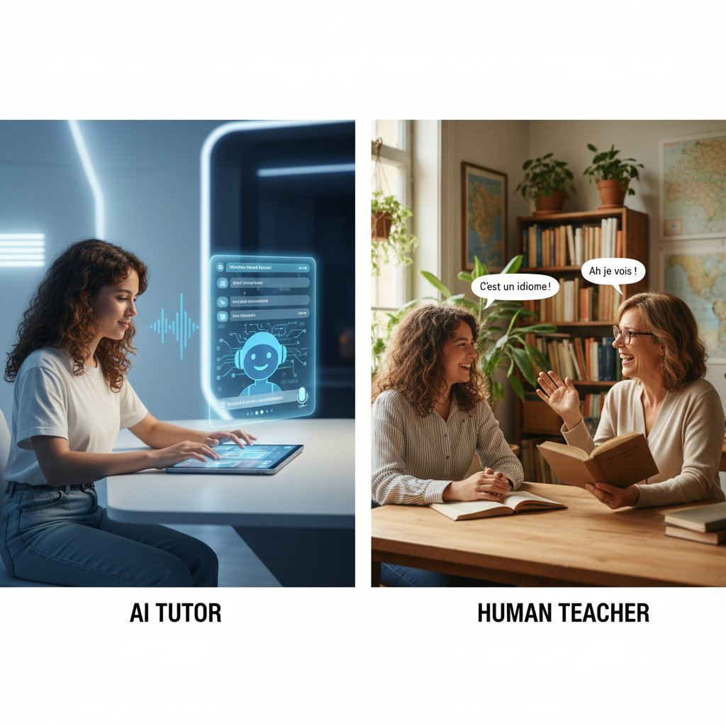 Porównanie korepetytora AI i tradycyjnego lektora – scena, gdzie uczeń korzysta z obu naraz