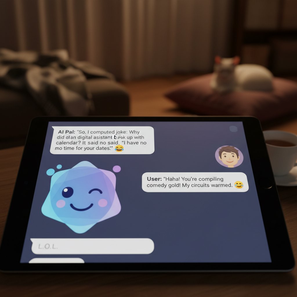 Przyjacielska rozmowa online między AI a użytkownikiem, atmosfera ciepła i humoru