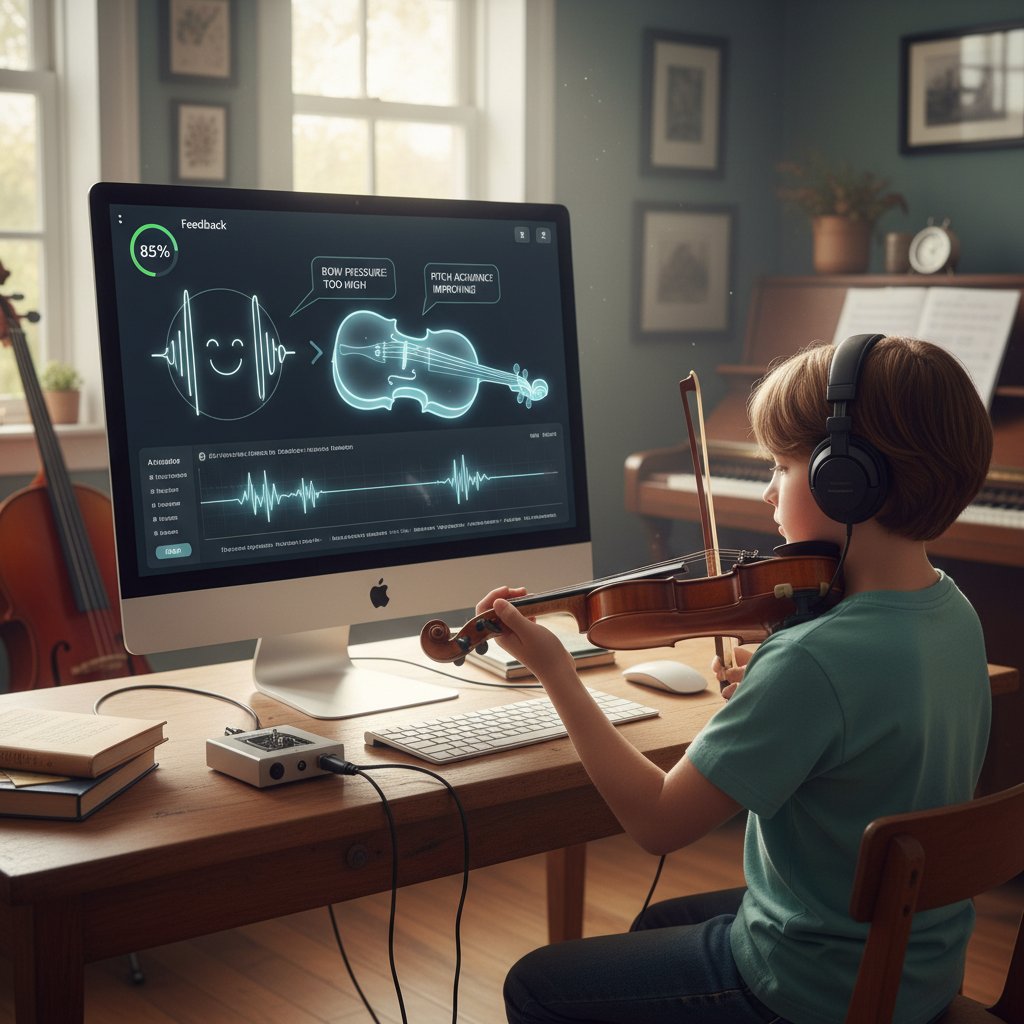 Uczeń ćwiczący skrzypce z wykorzystaniem aplikacji AI analizującej błędy gry na ekranie komputera