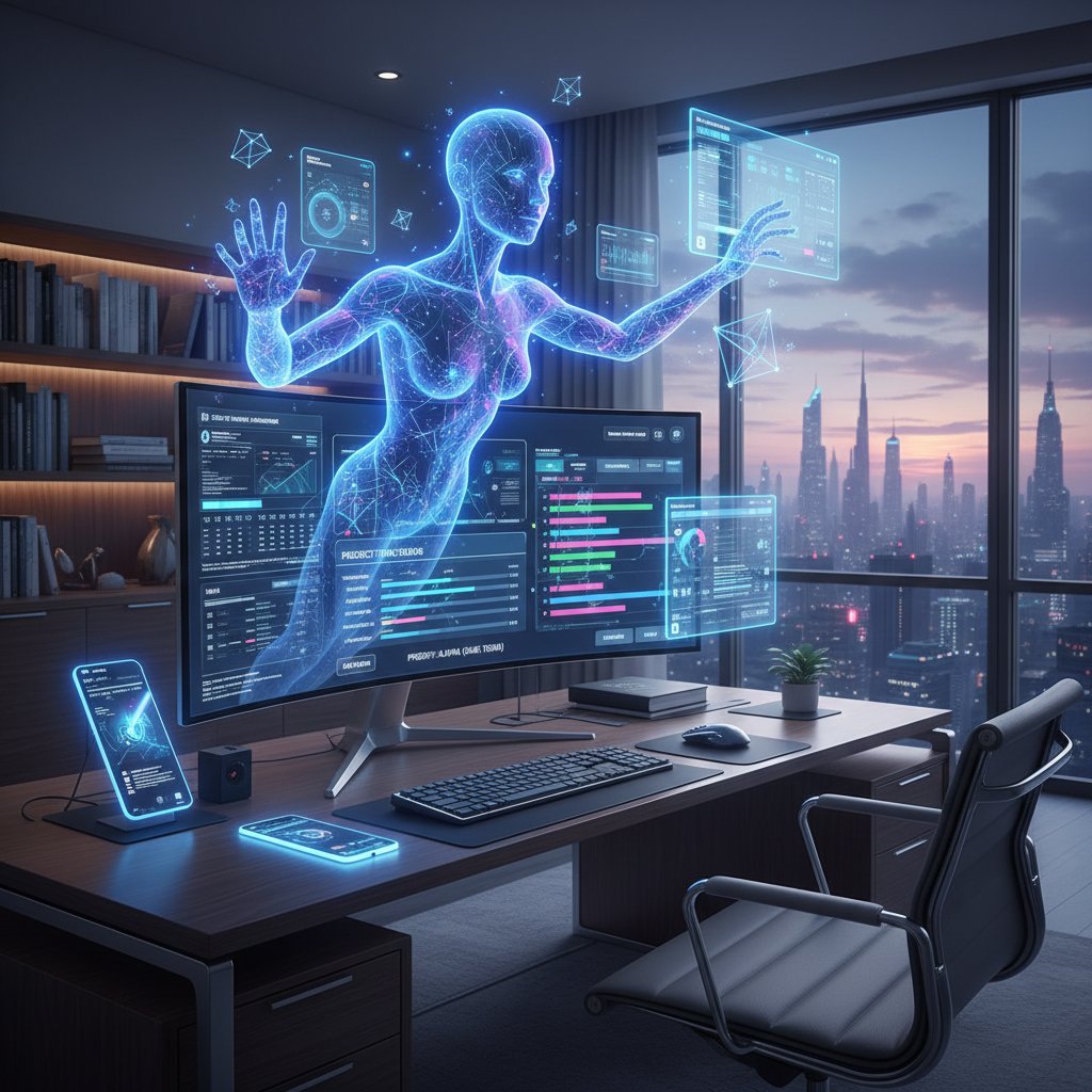 Wirtualny pracownik AI przy komputerze zarządzający zadaniami