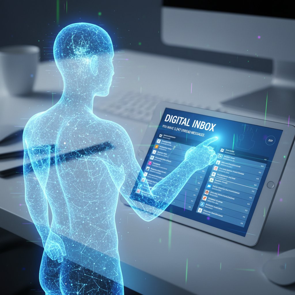 Fotografia wirtualnego pracownika AI zarządzającego cyfrową skrzynką email w nowoczesnym biurze
