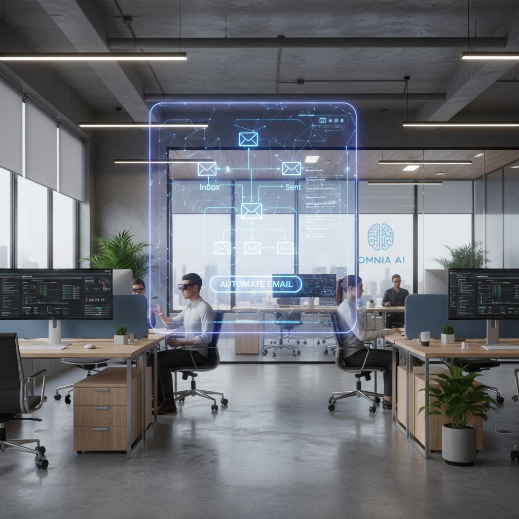 Wirtualny asystent AI porządkujący skrzynkę mailową w nowoczesnym biurze