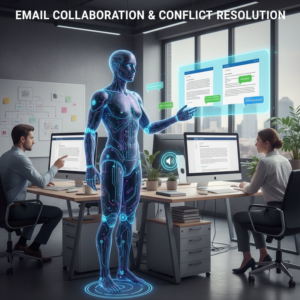 Office scene with AI assistant intervening between two employees in heated email discussion