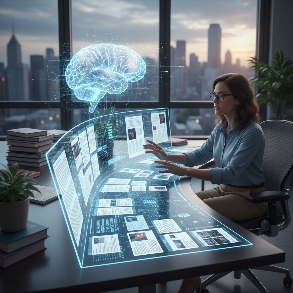 AI-powered virtual assistant helping a researcher analyze academic papers on a laptop in a realistic office setting