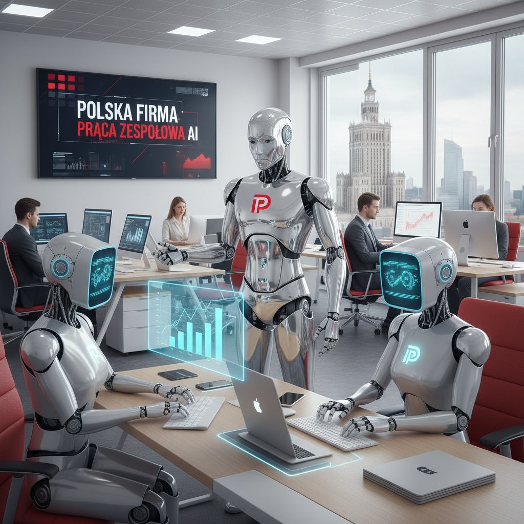 Zespół ludzi wspierany przez wirtualnego pracownika AI podczas narady w polskiej firmie