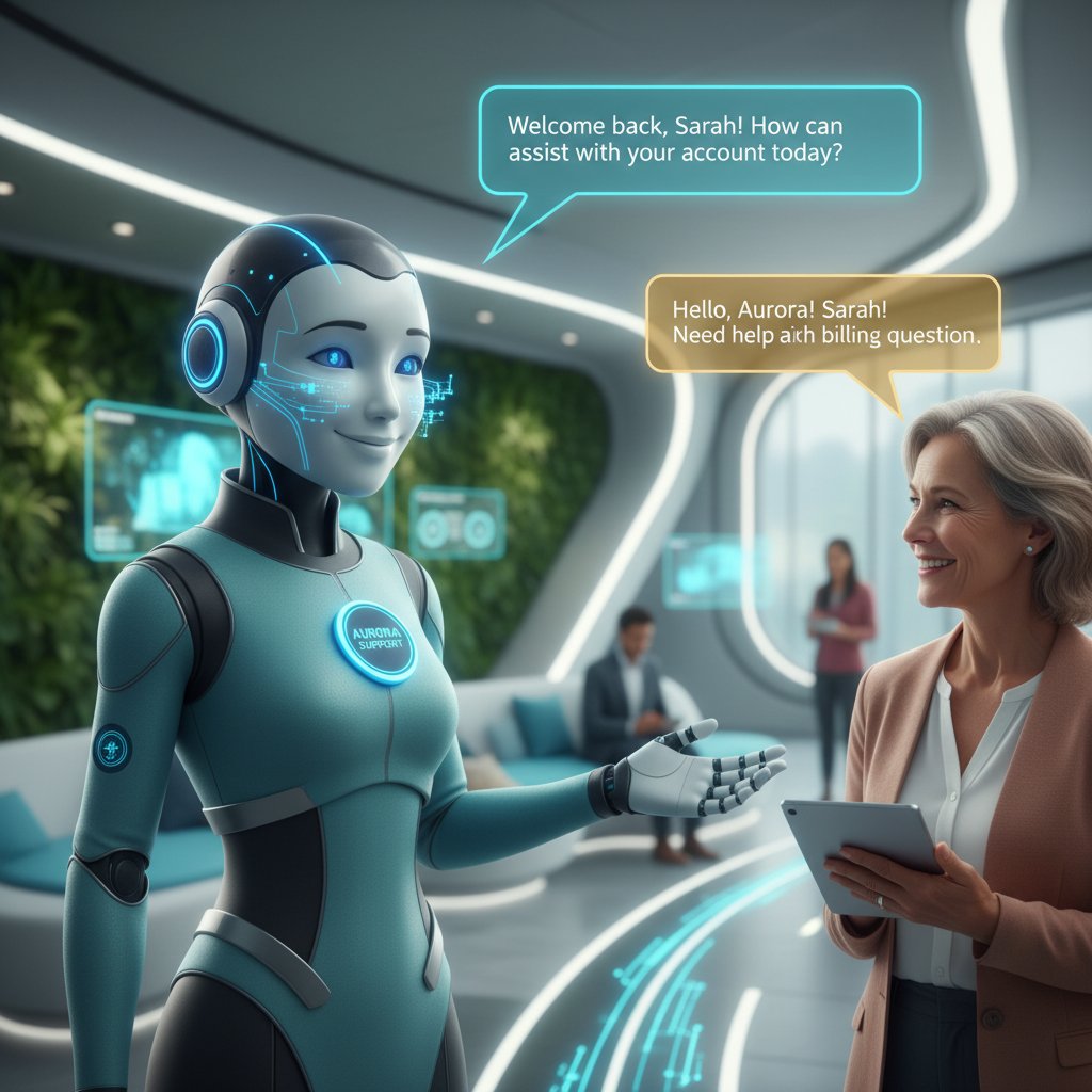 Wirtualny pracownik AI z wyraźną osobowością prowadzący rozmowę z klientem